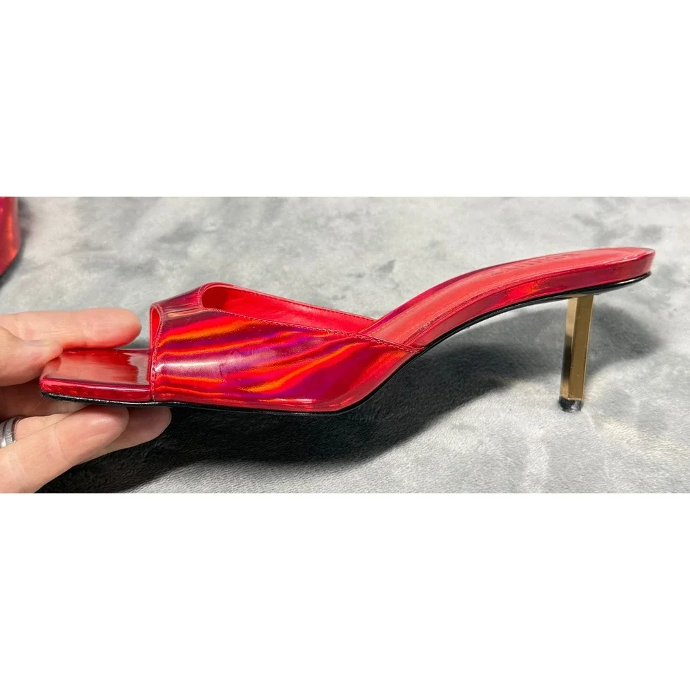Schutz Sandals Womens 8B Red Holographic Square Toe Heels Slide
